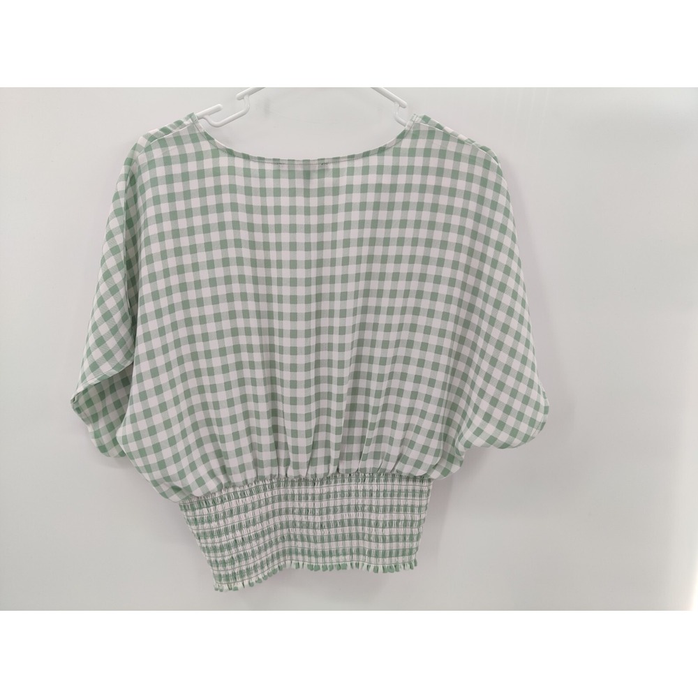 Forever 21 Green Gingham Plaid Smocked Waist V-Neck Crop Top Large - Picture 2 of 8